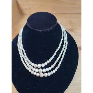 Vtg 3-STRAND Graduated FAUX PEARL 18" NECKLACE STERLING SILVER FILIGREE CLASP